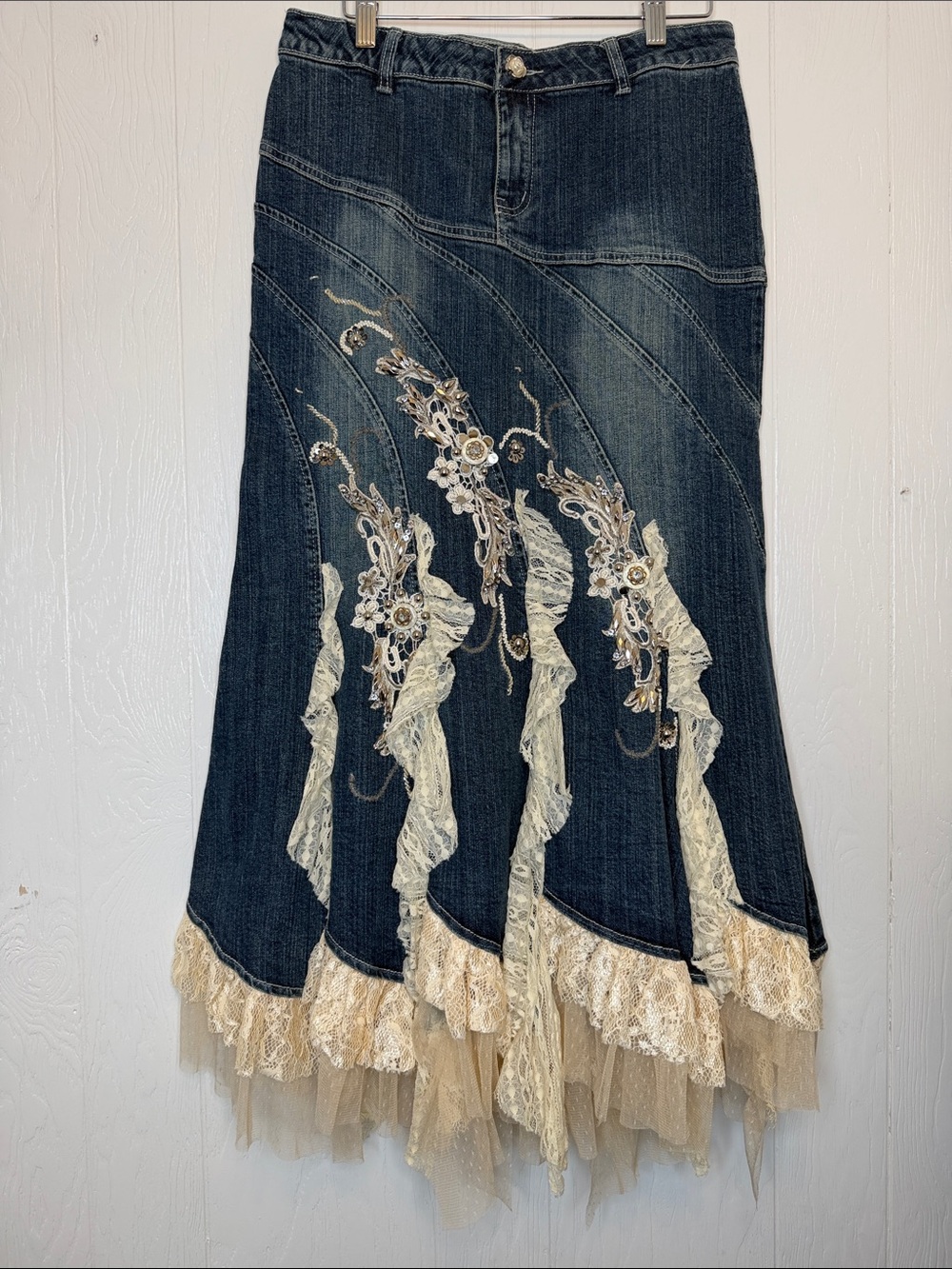 Denim A-Line Maxi Skirt with Cream Lace Embellishment